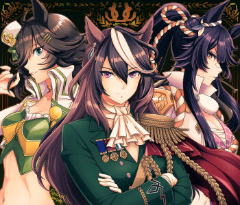 3girls ahoge aiguillette animal_ears ascot bandaid bandaid_on_face bandaid_on_nose black_hair brown_hair choker closed_mouth coat cropped_jacket crossed_arms epaulettes frown gloves green_coat green_eyes hair_ornament hairclip hand_up hi_(ibisf5umauma) highres horse_ears horse_girl horse_tail jacket long_hair medal miniskirt mouth_hold mr._c.b._(clear_bliss)_(umamusume) mr._c.b._(umamusume) multicolored_hair multiple_girls narita_brian_(umamusume) navel ponytail sarashi shirt single_epaulette skirt smile stalk_in_mouth strapless strapless_shirt streaked_hair symboli_rudolf_(umamusume) tail umamusume upper_body v-shaped_eyebrows white_coat white_gloves white_jacket