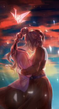 2girls anyoji_hime black_hair black_ribbon blonde_hair brown_dress comforting commentary_request cowboy_shot dress gradient_hair hair_ribbon hasu_no_sora_school_uniform highres hood hood_down hooded_jacket hug jacket link!_like!_love_live! long_hair long_sleeves love_live! momose_ginko multi-tied_hair multicolored_hair multiple_girls nekofumiman open_clothes open_jacket origami paper_crane pink_hair pink_jacket pleated_dress ponytail red_sky ribbon sailor_collar sailor_dress school_uniform short_hair sidelocks sky virtual_youtuber white_sailor_collar winter_uniform