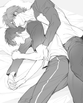 2boys ace_of_diamond commentary_request greyscale holding_hands long_sleeves lying male_focus miyuki_kazuya monochrome multiple_boys no_eyewear on_side pants renorenoko sawamura_eijun short_hair sideburns sleeping_together spooning yaoi