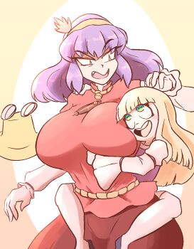 Rule 34 | 2girls, angry, blonde hair, blunt bangs, breast lift, breasts, curvy, face to breasts, fangs, grabbing another's breast, green eyes, groping, hair ornament, hairband, head on chest, highres, horizontal pupils, hug, hug from behind, huge breasts, leaf hair ornament, leg lock, long sleeves, moriya suwako, multiple girls, purple hair, quarium, red shirt, red skirt, shirt, size difference, skirt, slit pupils, touhou, unworn headwear, yasaka kanako, yellow hairband
