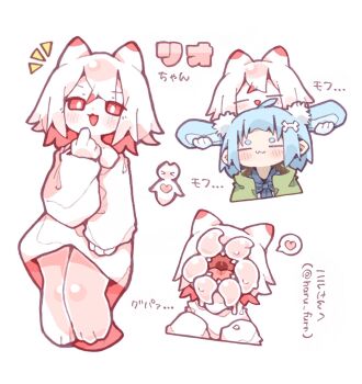 2girls :3 ahoge animal_ears bad_id bad_twitter_id blue_hair blush bone_hair_ornament borrowed_character bright_pupils character_name chin_rest closed_eyes colored_inner_hair commentary_request cropped_shoulders deformed dog_ears facing_viewer floppy_ears gift_art hair_ornament hand_up head_on_head head_rest heart highres long_sleeves looking_at_viewer medium_hair mononobe_nan_(nikamoka) monster_girl multicolored_hair multiple_girls multiple_views nikamoka notice_lines off-shoulder_shirt off_shoulder open_mouth original oversized_clothes oversized_shirt pointing pointing_at_self red_eyes red_hair sea_angel sea_angel_girl shirt short_eyebrows simple_background smile speech_bubble spoken_heart thick_eyebrows translation_request twitter_username white_background white_pupils