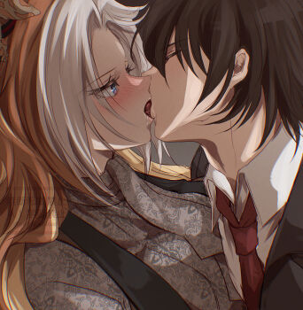 1boy 1girl black_gloves black_hair blush closed_eyes commentary_request forehead french_kiss gloves grey_shirt hand_on_another's_neck highres kiss long_hair multicolored_hair necktie open_mouth orange_hair orfevre_(umamusume) parted_lips purple_eyes red_necktie shirt short_hair trainer_(umamusume) two-tone_hair umamusume white_hair white_shirt yue_(lov_n_n)
