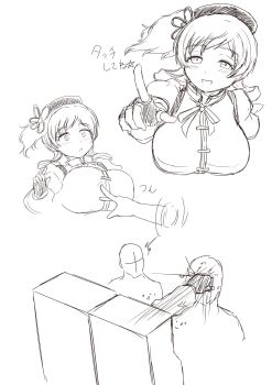 1girl absurdres beret blush breasts drill_hair fingerless_gloves gkgk2gk22 gloves greyscale hat highres hitting in_the_face large_breasts mahou_shoujo_madoka_magica mahou_shoujo_madoka_magica_(anime) monochrome open_mouth pachinko pointing poking poking_another's_breast poking_breast punching sketch smile tomoe_mami tomoe_mami_(magical_girl) twin_drills