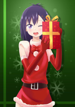 1girl bakasandess belt bow christmas dot_nose dress facing_viewer feet_out_of_frame female_focus gabriel_dropout gift highres holding holding_present medium_hair one_eye_closed open_mouth purple_eyes purple_hair santa_costume santa_dress snowflakes solo standing vignette_tsukinose_april