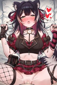 1boy 1girl absurdres animal_ears arm_warmers bandaid bandaid_on_arm belt black_choker black_hair black_nails blush book book_holster bow bracelet breasts brown_belt brown_bow brown_vest censored chain choker clothed_sex colored_inner_hair commentary commission cropped_shirt cropped_vest english_commentary fingerless_gloves fishnet_gloves fishnet_thighhighs fishnets gloves hair_ornament hair_ribbon heart hetero highres indie_virtual_youtuber jewelry long_hair looking_at_viewer lying medium_breasts midriff miniskirt mosaic_censoring multicolored_hair nail_polish navel no_panties off-shoulder_shirt off_shoulder on_back on_bed open_mouth pillow pink_hair pocket_watch pov pov_crotch raccoon_ears raccoon_girl raccoon_tail raki_kazuki red_ribbon red_shirt red_skirt ribbon second-party_source sex shirt short_sleeves single_arm_warmer single_glove single_thighhigh skirt solo_focus speech_bubble spoken_heart spread_legs star_(symbol) star_hair_ornament streaked_hair striped_arm_warmers studded_bracelet tail thigh_strap thighhighs vaginal vest virtual_youtuber watch white_streaks yellow_eyes yozakurayuyu zipper_pull_tab