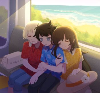 Rule 34 | 1girl, 2boys, akinashi haru, arm hug, beach, black hair, black pants, blue eyes, blue pants, blue shirt, boy and girl sandwich, brother and sister sandwich, brown hair, closed eyes, collared shirt, floral print shirt, floral print vest, from inside, hat, hawaiian shirt, highres, mitsunba, multiple boys, ocean, pants, polo shirt, red shirt, saihate eki, sandwiched, shirt, smile, straw hat, summer, tatsunami shion, tenjiku aoi, train interior, vest, water, white hair, yellow vest