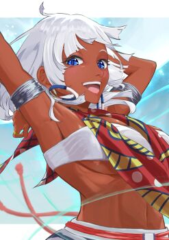1girl absurdres armlet blue_eyes commentary dark-skinned_female dark_skin elena_(street_fighter) highres jewelry nakaon open_mouth short_hair solo street_fighter street_fighter_6 white_hair