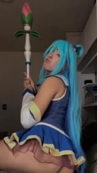 1girl animated aqua_(konosuba) aqua_(konosuba)_(cosplay) ass audible_music bare_shoulders blue_hair boots brazilian_(nationality) cosplay female_focus high_heel_boots high_heels indoors interior kono_subarashii_sekai_ni_shukufuku_wo! long_hair looking_at_another looking_at_viewer lowres music nerokosplayer photo_(medium) real_life skirt solo sound tagme teeth thighhighs video white_thighhighs