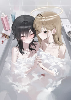 2girls absurdres black_eyes black_hair blood blush boxcutter brown_hair cigarette_butt closed_eyes commentary_request cut-here_line foam halo highres long_hair mansu_(mansu113355) multiple_girls open_mouth original same-sex_bathing shared_bathing wrist_cuffs yuri