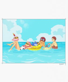 1girl 2boys 3others chibimon digimon digimon_(creature) float highres multiple_boys multiple_others poromon sunglasses swimsuit upamon
