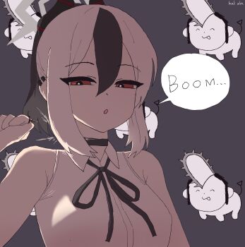 1girl absurdres black_choker black_hair black_ribbon blue_archive chainsaw_man choker collared_shirt cosplay doodle_sensei_(blue_archive) grey_hair highres kai_xin kayoko_(blue_archive) multicolored_hair red_eyes reze_(chainsaw_man) reze_(chainsaw_man)_(cosplay) ribbon sensei_(blue_archive) shirt sleeveless sleeveless_shirt solo speech_bubble two-tone_hair white_shirt