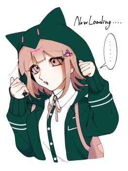 ... 1girl :o backpack bag brown_hair collared_shirt commentary danganronpa_(series) danganronpa_2:_goodbye_despair english_commentary flipped_hair hair_ornament hood hood_up jacket long_sleeves medium_hair nanami_chiaki nanase_1005 neck_ribbon open_clothes open_jacket pink_bag pink_eyes pink_ribbon ribbon shirt solo white_shirt