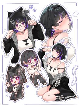 1girl :3 absurdres alternate_costume animal_ears animal_hood black_hair black_jacket blush breasts cat_ears cat_hood cleavage closed_eyes commentary earrings fake_animal_ears hands_up highres hood jacket jewelry large_breasts looking_at_viewer meloco_kyoran multicolored_hair multiple_views nijisanji nijisanji_en open_mouth puff_of_air purple_eyes purple_hair purple_streaks ringo_21_a shirt short_hair smile streaked_hair symbol-only_commentary virtual_youtuber white_background white_shirt