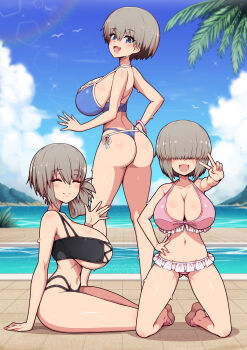 3girls absurdres arm_up ass back bare_shoulders bikini blue_eyes blush bracelet breasts butt_crack closed_eyes day fang grey_hair groin hair_over_eyes hand_on_own_hip highres huge_breasts jewelry kneeling large_breasts legs long_hair mature_female mother_and_daughter multiple_girls nail_polish navel ocean open_mouth outdoors palm_tree pool poolside ring sandals shiny_skin short_hair siblings sideboob sisters sitting sky smile standing stomach swimsuit thighs tree underboob uzaki-chan_wa_asobitai! uzaki_hana uzaki_tsuki uzaki_yanagi v virus-g waving_arm wedding_ring