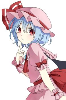 Rule 34 | 1girl, ascot, back bow, bat wings, blue hair, bow, brooch, commentary request, hat, hat ribbon, jewelry, medium hair, mob cap, open mouth, pink hat, pink shirt, pink skirt, puffy short sleeves, puffy sleeves, red ascot, red bow, red eyes, remilia scarlet, ribbon, shirt, short sleeves, simple background, skirt, skirt set, sleeve bow, solo, touhou, tsuno no hito, white background, wings, wrist cuffs