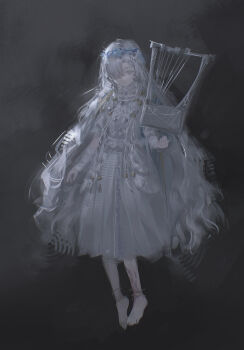 1girl absurdres barefoot commentary_request cosplay dress elden_ring elden_ring_nightreign expressionless full_body highres instrument isekaijoucho kamitsubaki_studio long_hair looking_at_viewer lyre revenant_(elden_ring) revenant_(elden_ring)_(cosplay) shiraishi_kanoya sketch solo very_long_hair white_dress white_hair