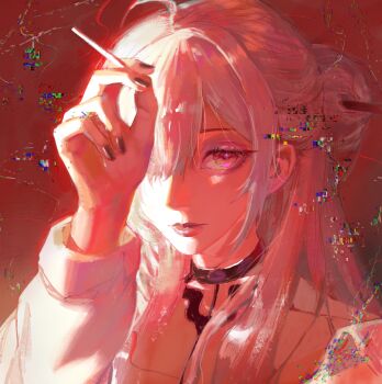 1girl absurdres ahoge arm_up black_choker black_nails character_request chinese_commentary choker cigarette closed_mouth commentary_request eyelashes eyeshadow glitch hair_bun highres holding holding_cigarette lips long_hair long_sleeves looking_at_viewer luori_dianxin makeup nail_polish one_eye_covered parted_bangs path_to_nowhere portrait shirt smoking solo white_shirt