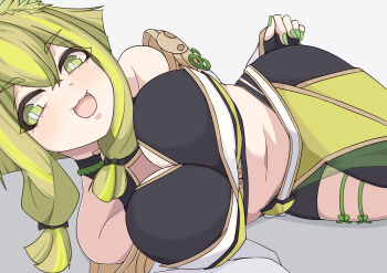 1girl :3 :d absurdres alternate_breast_size_(larger) animal_ears bare_shoulders black_pantyhose black_shirt blonde_hair breasts bridal_gauntlets cleavage cleavage_cutout clothing_cutout collarbone commentary_request crop_top crossed_bangs detached_sleeves duel_monster fox_ears fox_girl gainai_(gainai1103) green_eyes green_hair green_nails hair_between_eyes hair_ribbon highres hu-li_the_jewel_mikanko large_breasts looking_at_viewer lying midriff multicolored_hair nail_polish navel on_side open_mouth pantyhose pelvic_curtain ribbon shadow shirt short_hair_with_long_locks sidelocks simple_background single_leg_pantyhose sleeveless sleeveless_shirt smile solo streaked_hair thigh_strap tress_ribbon white_background white_sleeves yu-gi-oh!