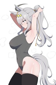 1girl absurdres adjusting_hair ahoge animal_ears armpits arms_behind_head arms_up black_thighhighs breasts commentary covered_navel cowboy_shot dewanewbie diamond_hairband ear_ornament from_side grey_hair grey_leotard grey_tail highleg highleg_leotard highres horse_ears horse_girl horse_tail large_breasts leotard oguri_cap_(cinderella_gray)_(umamusume) oguri_cap_(umamusume) ponytail simple_background skindentation solo tail thighhighs tying_hair umamusume umamusume:_cinderella_gray white_background