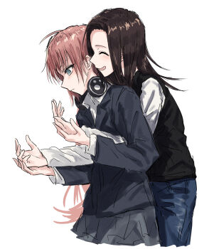 2girls :d ^_^ bang_dream! bang_dream!_girls_band_party! behind_another black_jacket blue_pants blush brown_hair closed_eyes closed_mouth collared_shirt commentary cropped_legs expressionless grey_skirt headphones headphones_around_neck highres jacket long_sleeves multiple_girls open_mouth pants profile shirt simple_background skirt smile tamade_chiyu wakana_rei white_background white_shirt wide_sleeves yukitake_(bullfalk)