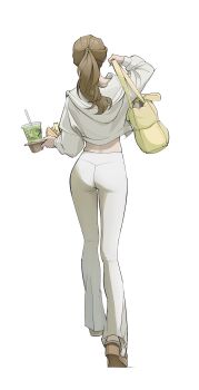 1girl absurdres ass bag ben-day_dots brown_hair claw_hair_clip commentary cup disposable_cup drink drinking_straw facing_away from_behind hair_ornament hairclip highres holding hood hoodie kimura_731 long_sleeves original pants platform_sandals ponytail sandals screentones shoulder_bag simple_background solo symbol-only_commentary updo walking white_background white_hoodie white_pants