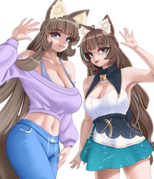Rule 34 | 2girls, absurdres, ahoge, animal ear fluff, animal ears, bell, blue eyes, blunt bangs, brown hair, cat ears, cat girl, fang, fluffy, green eyes, happy, heart-shaped ahoge, highres, indie virtual youtuber, leggings, little luly, long hair, midriff, multiple girls, neck bell, original, purple sweater, skirt, smile, sweater, takie, takie arts, thighs, very long hair, virtual youtuber, waving