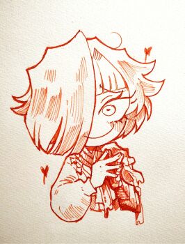 Rule 34 | 1girl, armor, closed mouth, hand up, heart, highres, kromer (project moon), limbus company, long sleeves, looking at viewer, monochrome, nib pen (medium), pauldrons, pen (medium), project moon, puffy long sleeves, puffy sleeves, shirt, short hair, shoulder armor, smile, solo, surumenabe, talisman, traditional media, wax seal