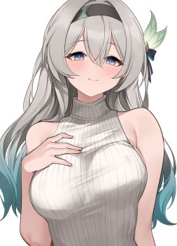 1girl alternate_costume aqua_hair bare_shoulders black_bow black_hairband blue_pupils blush bow breasts closed_mouth commentary covered_erect_nipples firefly_(honkai:_star_rail) gradient_hair grey_hair hair_between_eyes hair_bow hairband hand_on_own_chest hashtag-only_commentary highres honkai:_star_rail honkai_(series) large_breasts long_hair looking_at_viewer lunacle multicolored_hair no_bra paid_reward_available purple_eyes simple_background smile solo sweater turtleneck turtleneck_sweater upper_body white_background white_sweater