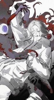 1boy absurdres aotsuki_eito black_gloves chinese_commentary closed_eyes eldritch_abomination eyeball film_grain gloves gradient_background grey_background grey_hair highres holding_tentacle jacket male_focus masaya564 pocket purple_eyes red_eyes short_hair tentacles the_hundred_line_-last_defense_academy- white_background white_jacket