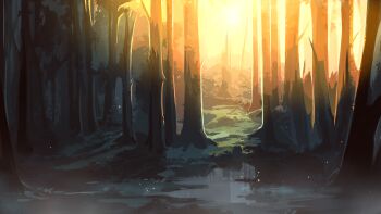 ballads_at_midnight forest glowing highres landscape light_particles nature no_humans non-web_source official_art puddle scenery sunrise tree