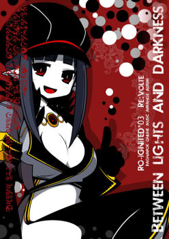 1girl album_cover black_gloves black_hat black_pants breasts butternuts303 cleavage colored_skin comiket_83 commentary_request cover cowboy_shot crop_top dated_commentary english_text gloves grey_shirt hat large_breasts long_hair looking_at_viewer newsboy_cap open_mouth pants pointy_ears ragnarok_online re:volte red_background second-party_source shirt smile solo warlock_(ragnarok_online) white_skin