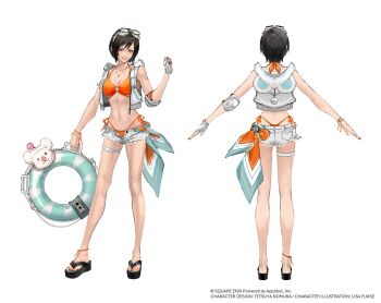 1girl a-pose ass back bikini bikini_under_clothes black_hair bracelet breasts reference_sheet concept_art copyright_notice cropped_hoodie english_text final_fantasy final_fantasy_vii final_fantasy_vii:_ever_crisis fingerless_gloves flip-flops from_behind full_body gloves goggles goggles_on_head highres holding holding_swim_ring hood hoodie innertube jewelry looking_at_viewer medium_breasts micro_shorts necklace official_alternate_costume official_art open_clothes open_fly open_hoodie orange_bikini sandals short_shorts shorts side-tie_bikini_bottom simple_background sleeveless sleeveless_hoodie solo standing swim_ring swimsuit thigh_strap thong_bikini white_background yuffie_kisaragi yuffie_kisaragi_(summer_moogle)