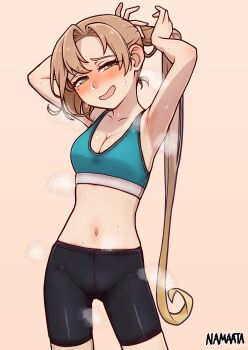 1girl absurdres adjusting_hair akigumo_(kancolle) armpits arms_up bike_shorts blue_sports_bra blush breasts brown_hair commentary_request commission green_eyes highres kantai_collection large_variant_set long_hair looking_at_viewer medium_breasts mole mole_under_eye namaata nose_blush open_mouth ponytail signature simple_background skeb_commission solo sports_bra steaming_body sweat variant_set very_long_hair