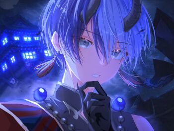 1boy aoyagi_touya bare_shoulders claws earrings hand_on_own_chin highres horns jewelry looking_at_viewer male_focus mole mole_under_eye necklace open_mouth pearl_necklace project_sekai shiba_yoyoyo solo teeth