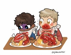 Rule 34 | ..., 2boys, :t, artist name, bib, black eyes, blonde hair, blue pupils, blush, blush stickers, bone, bright pupils, brown hair, chewing, chibi, closed mouth, commentary, corn, crab, dark-skinned male, dark skin, dungeon meshi, ear blush, english commentary, food, food on face, kabru, laios touden, long sleeves, looking at another, male focus, multiple boys, plate, red shirt, seafood, shirt, short hair, simple background, snail soup, table, twitter username, undercut, very short hair, white background, yellow eyes