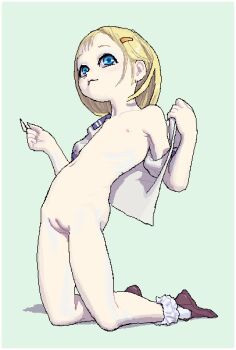 1girl blonde_hair blue_eyes bobby_socks cleft_of_venus commentary_request dreamer_tapir flat_chest full_body hair_ornament hairclip kneeling loli looking_up nipples nude oekaki open_clothes open_shirt original pussy short_hair simple_background smile socks solo