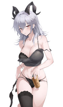 1girl absurdres bare_shoulders black_bra black_horns black_panties black_thighhighs bra bra_peek breasts camisole can cleavage collarbone commentary cowboy_shot curled_horns double_strap_slip drink_can grey_camisole grey_hair hair_between_eyes highres holding holding_can holding_unworn_clothes horns large_breasts light_blush long_hair looking_at_viewer luya_(luyachan) navel no_pants panties parted_lips red_eyes simple_background single_thighhigh solo stomach thighhighs thighs underwear white_background wuthering_waves zani_(wuthering_waves)