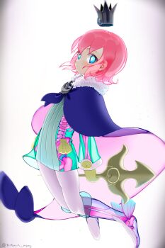 Rule 34 | 1boy, absurdres, arms behind back, artist name, blue eyes, cape, commentary, crown, fins, floating, fur-trimmed cape, fur trim, highres, holding, holding polearm, holding weapon, looking at viewer, male focus, mittens, motimoti mgmg, ocean prince, official alternate costume, pantyhose, parted lips, pink cape, pink hair, polearm, purple cape, puyopuyo, puyopuyo quest, salde canarl shellbrick iii, salde canarl shellbrick iii (king), scallop, seashell, see-through body, see-through clothes, see-through footwear, shell, skeleton, solo, trident, twitter username, two-sided cape, two-sided fabric, weapon, white background, white pantyhose, yellow mittens