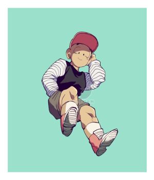 1boy black_eyes dragon_ball flying green_background happy kuririn looking_at_viewer muscular muscular_male smile solo