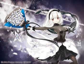 1girl alfou_(wixoss) black_dress black_hair black_hairband bouquet braid breasts copyright_notice dress floating_hair flower grey_pantyhose hairband holding holding_bouquet long_hair multicolored_hair official_art pantyhose red_eyes single_braid skin_tight solo tokiti very_long_hair white_flower white_hair white_mouth white_petals wixoss