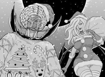 1boy 1girl absurdres bb_(baalbuddy) berserk black_background candy_cane_print christmas_tree_print crescent_moon demon_girl hat highres moon moon_print reindeer_print santa_costume santa_hat slan_(berserk) snowing star_(symbol) star_print void_(berserk)