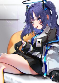 1girl bed black_gloves black_halo blue_archive blue_eyes blue_hair blue_necktie blush breasts clothes_lift commentary_request gloves hair_ornament halo highres jacket jacket_partially_removed kagu_(a_hazy_moon) long_hair long_sleeves looking_at_viewer mechanical_halo millennium_science_school_logo necktie open_mouth shirt sitting skirt skirt_lift solo thighs triangle_hair_ornament white_shirt yuuka_(blue_archive)