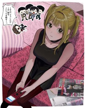Rule 34 | 1girl, amane misa, black dress, blonde hair, breasts, cellphone, character request, choker, death note, dress, flip phone, floral print, from above, highres, holding, holding phone, kasuya86, looking at viewer, magazine (object), medium breasts, pants, phone, pout, red pants, short twintails, sitting, solo, striped clothes, striped pants, translation request, twintails, vertical-striped clothes, vertical-striped pants, yagami light