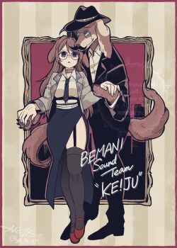 1girl 1other animal_collar animal_ears asymmetrical_skirt bemani black_garter_straps black_hat black_jacket black_pants black_shoes black_skirt black_thighhighs blue_necktie border breasts brown_border brown_fur brown_hair check_clothing check_gender choker clothing_request collar commentary_request copyright_name cowboy_hat dance_dance_revolution dancing dog dog_ears dog_girl dog_tail english_text eyewear_strap facial_hair furry garter_straps gender_request glasses grey_jacket hat highres holding_hands jacket long_skirt long_sleeves mustache necktie ngc7k pants parted_lips picture_frame pink_choker plaid_clothes plaid_jacket red_background red_shoes shirt shoes skirt striped_border swept_bangs tail thighhighs watermark white_shirt