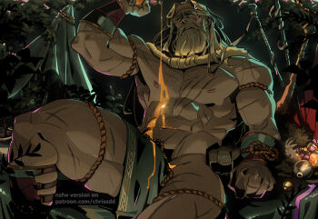 1boy ancient_greek_clothes bara beard boots chris_sdd commentary connected_beard dark english_text facial_hair feet_out_of_frame full_beard greco-roman_clothes hades_(series) hades_2 hairy heracles_(hades) highres large_pectorals long_beard looking_up male_focus mature_male muscular muscular_male mustache navel navel_hair nipples patreon_username pectorals pelvic_curtain pouring pouring_onto_self sitting size_difference solo spread_legs stomach thick_beard thick_eyebrows thick_mustache untranslatable_commentary veins veiny_hands