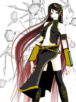 1girl 3d android aqua_eyes asymmetrical_clothes belt boots calne_ca_(deino) cosplay cowboy_shot deino_(deino3330) detached_sleeves female_focus headset highres isopod lace-up_boots megurine_luka_(cosplay) midriff nail_polish pink_hair solo speaker standing translucent_hair vocaloid