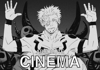 Rule 34 | 1boy, :/, absolute cinema (meme), arms up, chair, closed mouth, commentary, english commentary, english text, extra arms, extra eyes, eye mask, greyscale, half eye mask, highres, jovzkyanimation, jujutsu kaisen, mask, meme, monochrome, muscular, muscular male, on chair, ringed eyes, ryoumen sukuna (jujutsu kaisen), ryoumen sukuna (true form) (jujutsu kaisen), short hair, shoulder tattoo, solo, tattoo, topless male, upper body