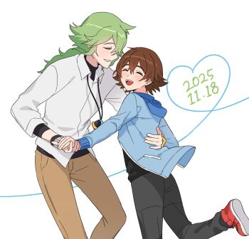 2boys :d blue_jacket brown_hair brown_pants closed_eyes collared_shirt commentary_request dated green_hair grin happy heart highres hilbert_(pokemon) holding_hands hood hood_down hooded_jacket jacket korean_commentary long_hair long_sleeves male_focus multiple_boys n_(pokemon) nintendo open_mouth p_(flavorppp) pants pokemon pokemon_bw red_shoes shirt shoes short_hair smile teeth undershirt upper_teeth_only white_shirt