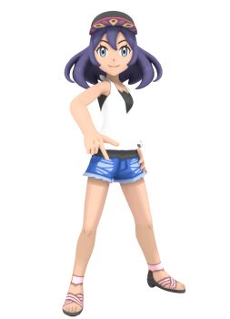 1girl 3d baseball_cap blue_eyes dark-skinned_female dark_skin female_focus hat highres model nintendo pokemon pokemon_sm purple_hair shorts sina_(pokemon) smile solo