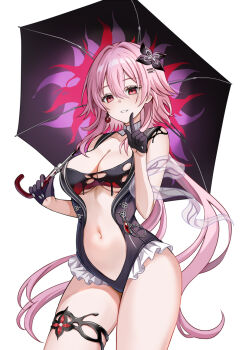 1girl bare_shoulders black_flower black_gloves black_one-piece_swimsuit blush breasts center_opening cleavage detached_collar evernight_(honkai:_star_rail) flower gloves grin harimoji honkai:_star_rail honkai_(series) index_finger_raised long_hair looking_at_viewer march_7th_(honkai:_star_rail) medium_breasts navel one-piece_swimsuit pink_hair red_eyes smile solo swimsuit thighs umbrella